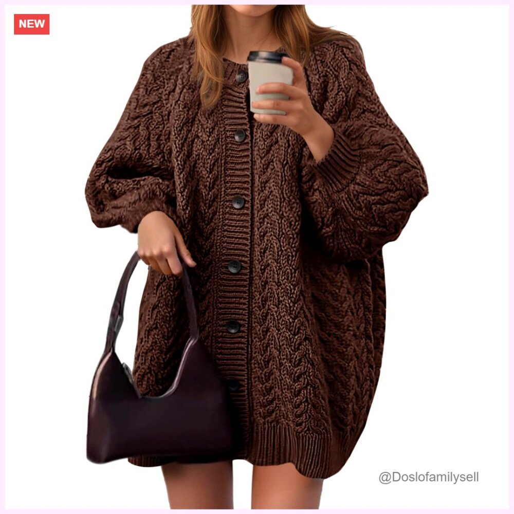 Oversized Cable Knit Cardigan Chunky Button Down Lantern Sleeve Sweater